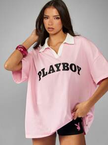 Missguided x Playboy Pink Jersey Polo Neck Sports Varsity Collegiate Letter Print Oversized Rugby Style T-Shirt Top Summer Spring Weekend Streetwear Festival Top - Pink - View 6