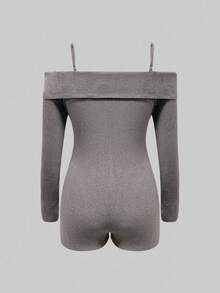 INAWLY Mono informal de mujer de unicolor con hombros abiertos y manga larga - Gris - Ver 2