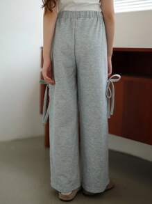 Tween Girl Grey Bowknot Hip-Hop Street Style Wide Leg Casual Sports Sweatpants, Suitable For Autumn Winter Cool Fall - Grey - View 2