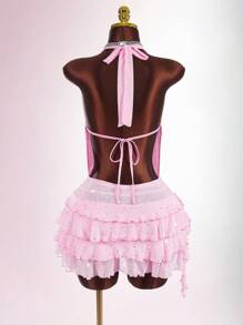 Amplova Sexy Plunging Neck Layered Women Mini Dress - Pink - View 9