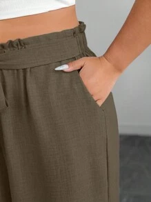 SHEIN PETITE 大码女式纯色荷叶边腰带休闲阔腿裤 - 咖啡棕 - 查看 6