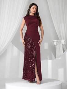 Coutiva Vestido de fiesta de lujo de alta gama, diseño con aplicaciones de lentejuelas, elegante vestido formal de dama chic - Burdeos - Ver 6