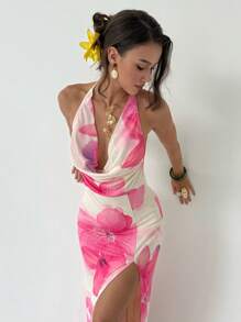 Aloruh Vestido de verano elegante de mujer con estampado floral, abertura alta y espalda descubierta - Rosa - Ver 2