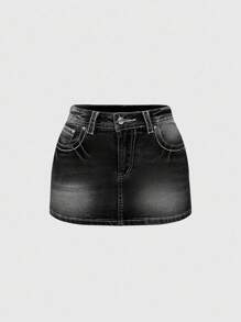 ROMWE J-Fashion Váy ngắn denim thêu bướm cổ điển Y2K có thể điều chỉnh đường khâu tương phản cho nữ - màu đen - Xem 4