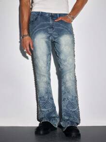 ROMWE MEN Street Life 男士佩斯利图案铆钉装饰口袋牛仔裤