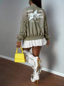 Slaydiva Chaqueta cortavientos de mujer con estampado de letras en verde militar, estilo deportivo universitario, versátil para el uso diario, casual, adecuado para festivales de música y graduación, nueva llegada del otoño/invierno 2025 - Verde militar - Ver 2