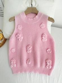 Comfortcana Fall Clothes For Women,WinterPlus Size Casual Solid Color 3D Floral Decor Sleeveless Knit Top - Pink - View 5