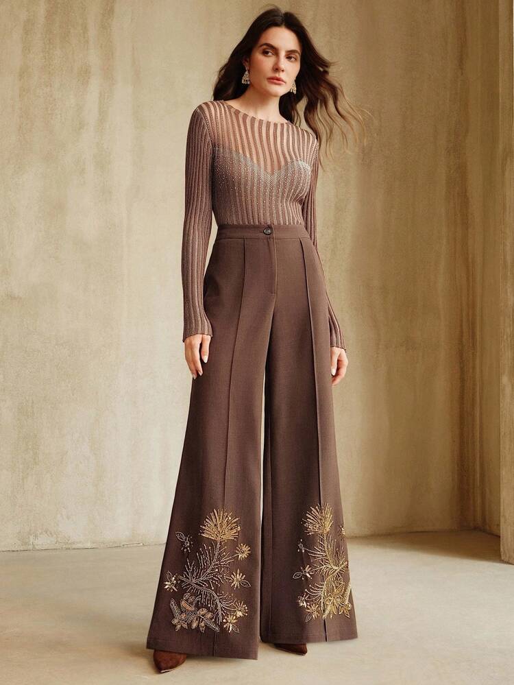 Elegant Women's Floral Sequin Wide Leg Loose Fit Pants