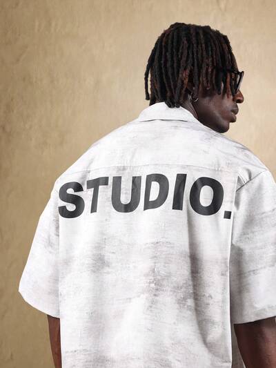 Boxy Fit Button Down Shirt With Studio Back Print