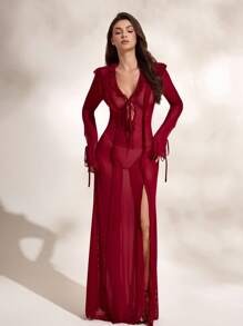 Glamance Women's Burgundy Red Ruffle Trim Front Tie Sexy Dress Y2K 2000s Back To School Fall And Winter Club Outfits Women Sexy Date Night Outfits Women - Burgundy - View 3