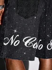 ROMWE MEN Street Life 男士菱形图案休闲牛仔短裤 - 黑色 - 查看 2