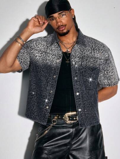 Street Life قميص جينز كاجوال للرجال بطبعة نمر وألوان متباينة قابل للزر