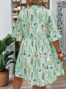 EMERY ROSE Plus Size Women's Summer Branch Floral V-Neck Ruffle Hem Loose Dress - Green - View 2