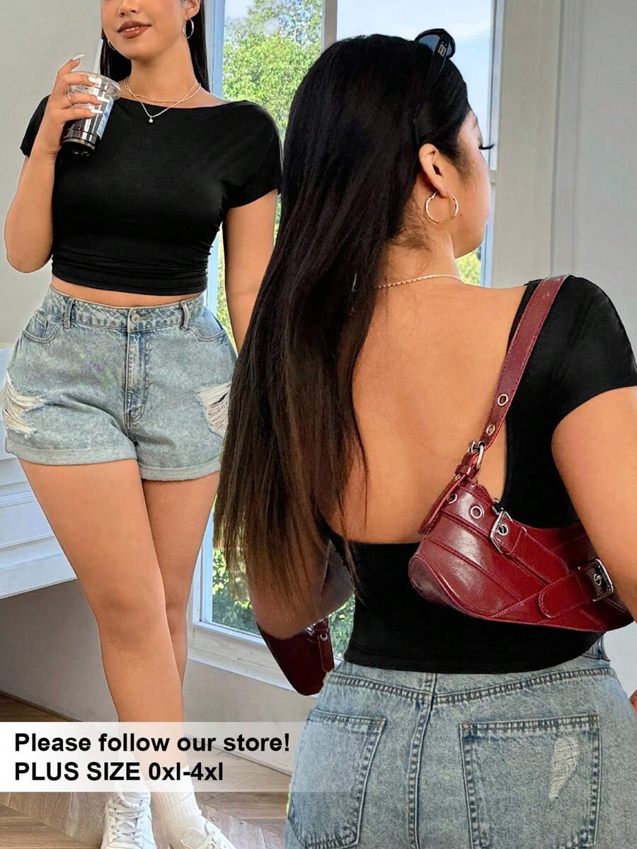 SHEIN EZwear 黑色短袖大码 T 恤,简约时尚的日常休闲装 - 黑色 - 查看 1