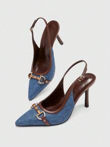 CUCCOO BIZCHIC Giày cao gót hở mũi màu xanh nâu pha trộn PU vàng thời trang gợi cảm quyến rũ kiểu Pháp cho tiệc/hẹn hò - Màu xanh lam - Xem 6