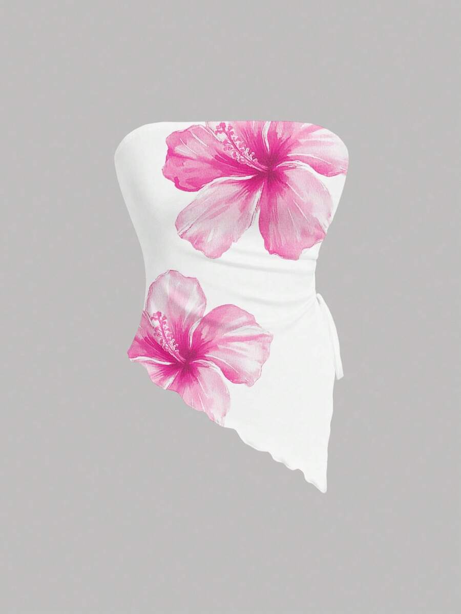 SHEIN MOD Top corto casual con estampado floral sin tirantes, adecuado para el verano, la playa, festivales de música, vacaciones de primavera, vacaciones, estilo chica de Miami