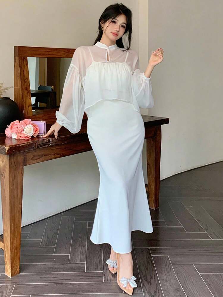 2pcs/Set Women Casual Semi-Sheer Long Sleeve Blouse And Spaghetti Strap Slip Dress Set