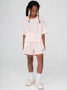 SHEIN Girls' T-Shirt Set,Pink Summer Casual Work Outfit For Tween Girls 8-12Y,Round Neck Short Sleeve Top&Loose Shorts,Unique Waffle Texture,Relaxed Fit - Apricot - View 1