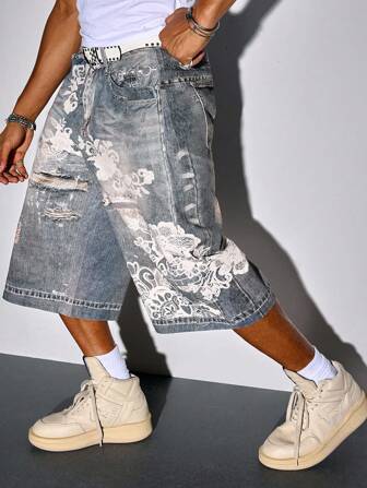 Goth Pantalones cortos vaqueros holgados con bordado floral y efecto desgastado para hombre, de verano, sin cinturón incluido