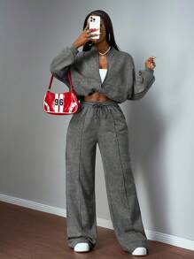 Slaydiva 2pcs Women 2025 Autumn/Winter Rock Festival Nomad Elegant Zipper Collar Long Sleeve Jacket & Straight Leg Sweatpants Set, Gray Acid-Washed Effect Grey Two Pieces Set Women Comfortable Two Pieces Set Women Grey 2 Pieces Sweatsuit - Grey - View 6