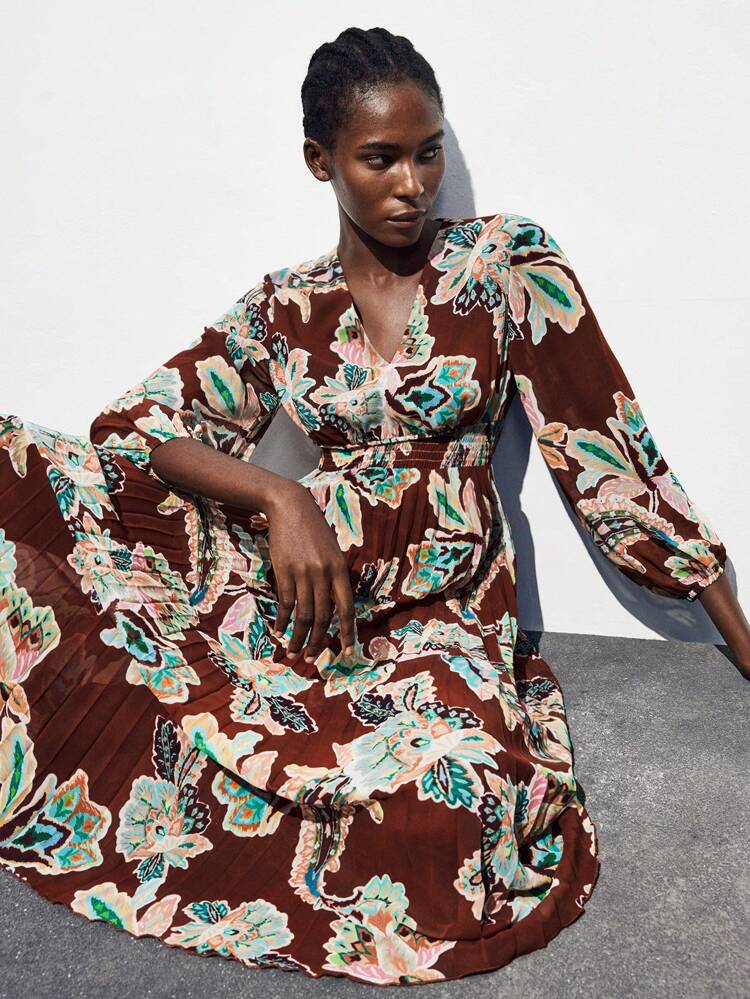 SHEIN Maija Brown Printed Chiffon Pleated Long Sleeve Dress For Women, Comfortable Flowy Dress For Teachers And Casual Wear,Halloween