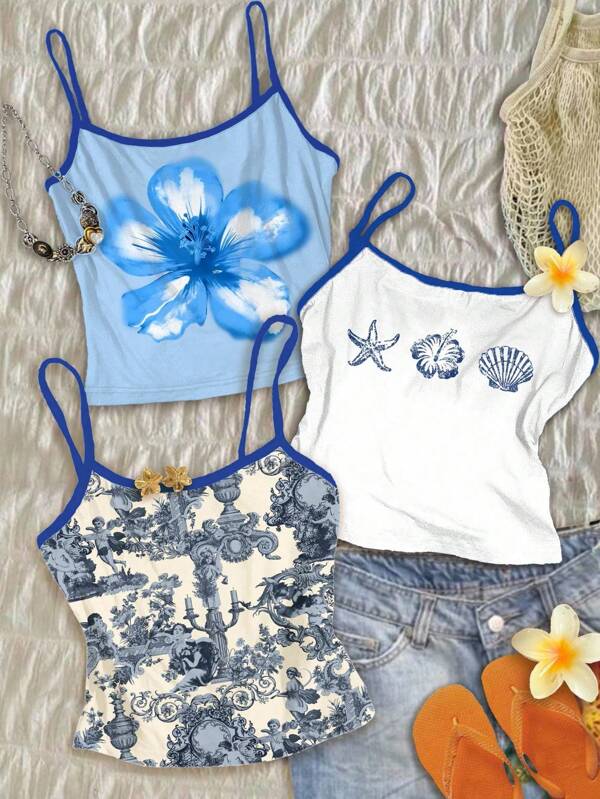 French Blue Angel Statue Floral Watercolor Floral Blue Shell Boho Hippie Music Festival Summer Teen Girl Fitted Tank Top Cami 3-Pack