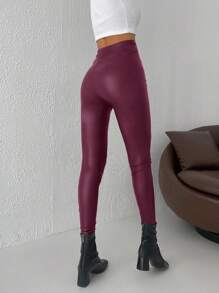 EURMUSE Solid High Waist PU Leather Leggings - Burgundy - View 2