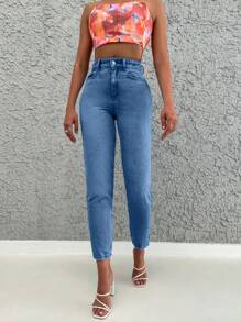 SHEIN Cottnline Jeans Com Corte Ajustado De Cor Sólida Para Mulheres - Lavagem Média - Ver 5