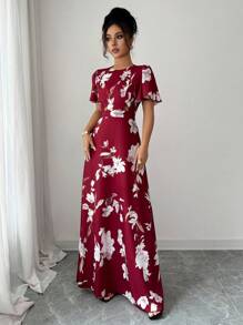 Elenzga Vestido elegante y romántico para mujeres con cuello redondo, mangas con volantes y estampado digital ajustado - Burdeos - Ver 6