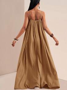 Zivah 2025夏季新款音乐节,复活节,圣帕特里克节,西部风,游牧风,生日派对,毕业季,学生装,日常休闲,百搭百搭,休闲,邮轮旅行,沙滩,沐浴阳光,网红热卖款女士可调节肩带连衣裙,竖纹,宽松版型,卡其色 - 棕色 - 查看 3