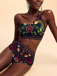 Travachic Casual Printed Bikini Set With Botanical Patterns And Short High-Coverage Bottom One Shoulder Bikini Boho Swimsuit High Waist Swimsuit Set Two Piece Swimsuit Floral Print Bikini