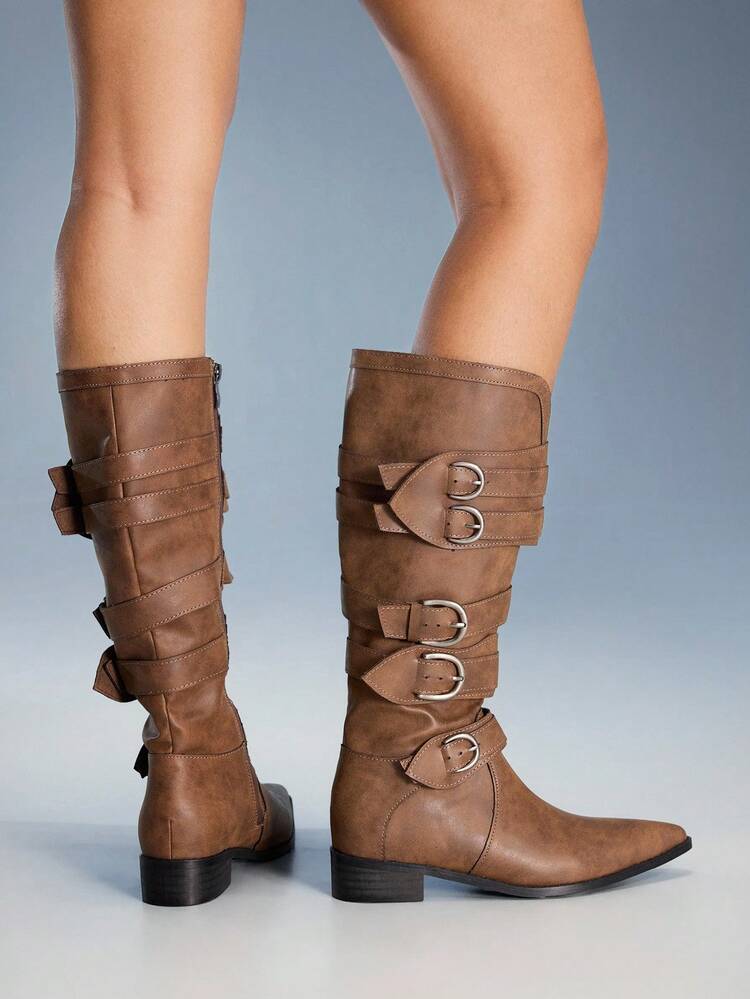 CUCCOO GRLICON Brown Slip-On New Autumn/Winter Pointed Toe Retro Chunky Heel Western Cowgirl Mid-Calf Boots, Suitable For Christmas, Halloween, Music Festivals, Y2K Style