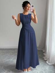 Elenzga Vestido maxi casual, romántico, vintage y elegante de gasa para mujer con cordón en la cintura, para la playa, el té de la tarde, fiestas de noche, uso diario, sin mangas, de unicolor, vestido largo, primavera/verano