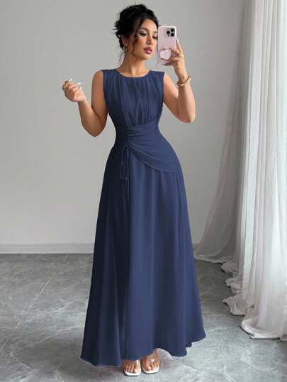 Elenzga Vestido largo de gasa elegante azul marino para invitada de boda de verano para mujer, vestido largo vintage sin mangas con cintura con cordón para fiesta de noche, playa