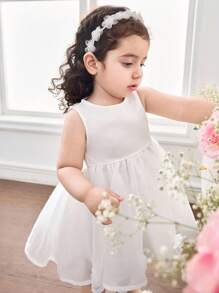 SHEIN Baby Girl Woven Solid Color Splice Mesh Snug Fit Dress - White - View 6