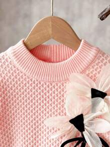 SHEIN Young Girl Pink Autumn Fairy Tutu Skirt Set, 3D Floral Decor Round Neck Pullover & Ruffle Dress With Bow, Comfortable Warm Young Girl Knitted Outfit - Pink - View 4