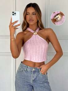 SHEIN EZwear ملابس علوية نسائي ضيق مزخرف بالتريكو بياقة حلقية باللون الوردي، قمصان صيفية للنساء - وردي - مشاهدة 7