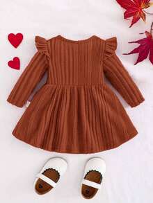 SHEIN Đầm thun dài tay màu trơn đơn giản cho bé gái sơ sinh - màu nâu - Xem 2