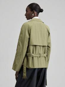 Ontre Trang phục nữ Thu Đông 2025, mùa tựu trường, Halloween, Giáng sinh, ngày lễ giáo viên, đi chơi tối, áo khoác dáng ngắn màu xanh lá cây thắt lưng. - Màu xanh Ô liu - Xem 5