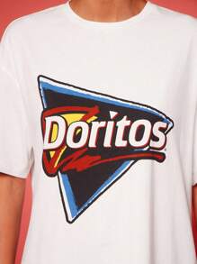 Doritos X SHEIN 女士宽松白色T恤，玉米片零食图案，酷炫可乐图案，返校季，学校上衣，基本款上衣 - 白色 - 查看 3