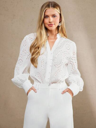 Amorya Women Elegant Water-Soluble Embroidered Stand Collar Long Sleeve Blouse, Suitable For Daily And Multipurpose Wear, New Autumn Collection Suitable For Commute, Casual Woman,Teacher Outfits For Women,2025new White Eyelet Blouse Fall Tops Homecoming