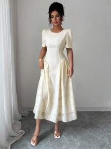 Modelyn Damen Gewebe-Collagen-Midi-Kleid mit kurzen Ärmeln und A-Linie, figurbetonter Silhouette - Aprikosenfarben - Übersicht 5