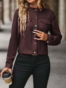 EMERY ROSE Women's Retro Minimalist Button-Up Short Cropped Jacket, Casual Fall Winter Cloth For Women - Rust Brown - View 4