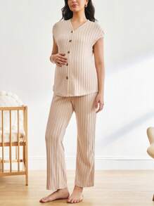 Moonlight&Mama Set de 2 piezas de ropa de maternidad informal con top abierto acanalado y pantalones - conjunto de ropa de estar en casa - Albaricoque - Ver 4