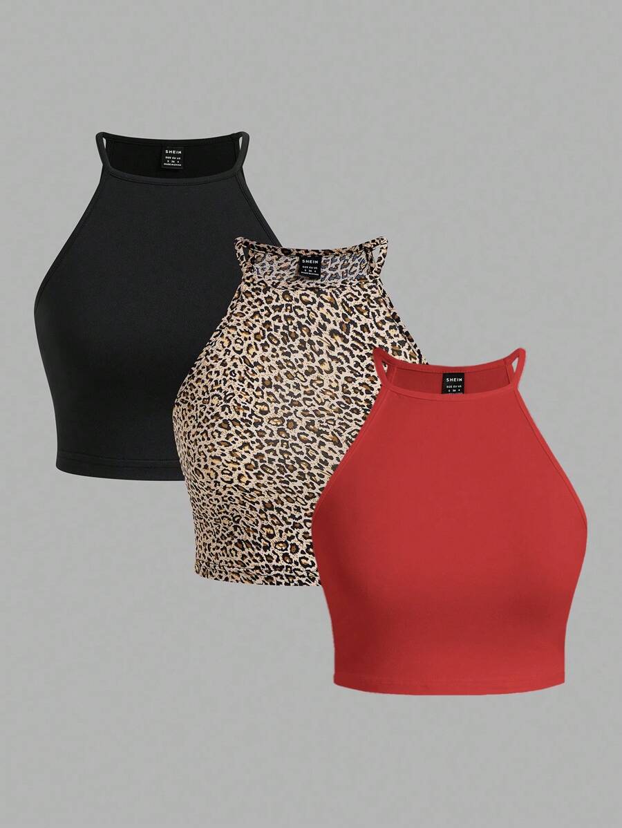 SHEIN EZwear Bộ 3 áo ba lỗ họa tiết da báo thường ngày dành cho nữ, thích hợp cho mùa hè - Nhiều màu - Xem 1