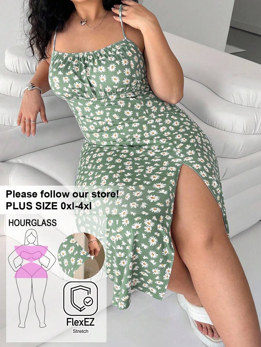 Solflare Plus Size Feminino, Roupas de Praia Femininas, Boho, Roupas de Primavera, Vestido de Festa de Natal Plus, Vestido Havaiano Feminino, Vestido Casual Feminino, Vestido Casual com Alças Finas e Estampa Dividida - Verde Azeitona - Ver 1