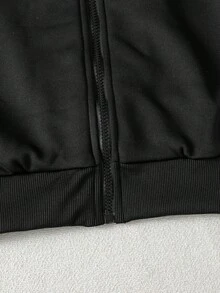 2pcs/Set Boys' Striped Jacket And Pants Set, Long Sleeve Solid Color Zip-Up Jacket And Striped Trousers, Comfortable Casual Outfit - Black - View 5