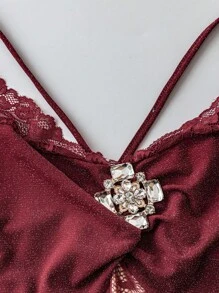 Flirla 加大码细肩带蕾丝拼接高弹力修身酒红色性感鱼尾连衣裙，适合派对、约会、聚会 - 酒紅色 - 查看 3