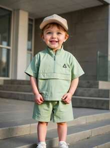 SHEIN 2pcs/Set Baby Boy Casual Korean Style Green Polo Collar Short Sleeve Top And Elastic Waist Shorts Set, Summer