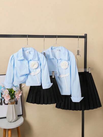 两件套少女简约甜美长袖衬衫配黑色半裙套装，浅蓝色半裙套装，蓝色衬衫套装，百褶裙套装，少女校服，可爱校服，女童制服裙套装，蓝色衬衫女童套装，浅蓝色衬衫配黑色半裙套装，两件套半裙套装，秋冬